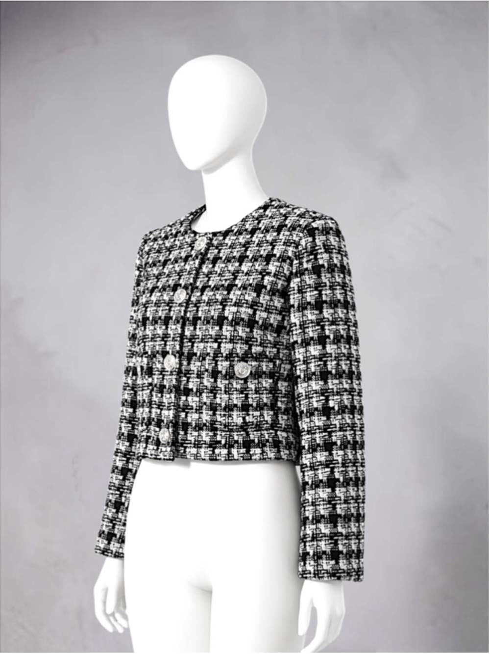 H&M Black & White Plaid Bouclé Jacket – Size M | Silver Button Detail - Picture 4 of 10